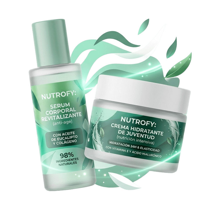Nutrofy – producto de cuidado corporal anti-age, crema y sérum en envase elegante color verde eucalipto